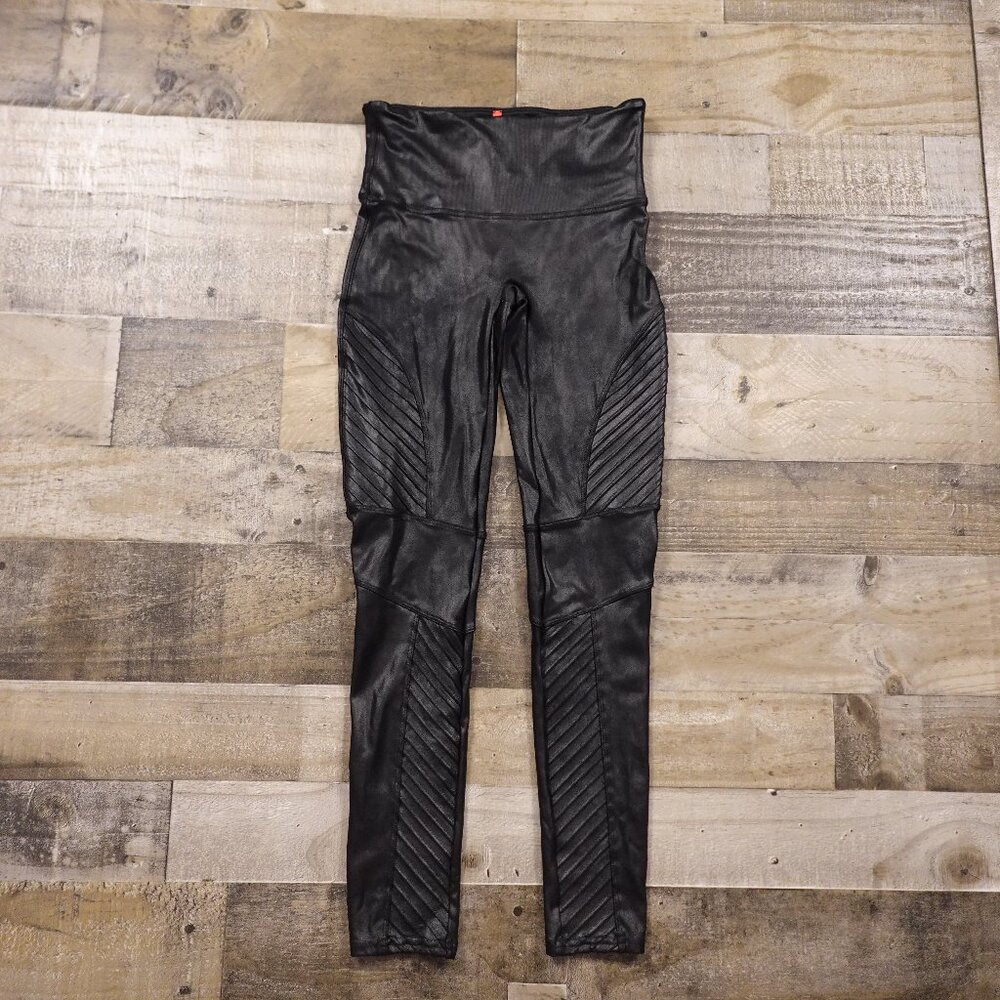 Spanx Faux Leather Moto Leggings Black Women's Size M | High Rise Shaping Pants